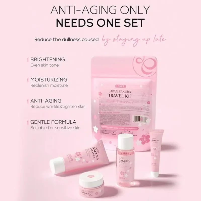 4PCS Sakura Skin Care Set and Kit with Cleanser, Serum, Eye Cream, Gift Set Travel Kit Facial Care Skin Care Products