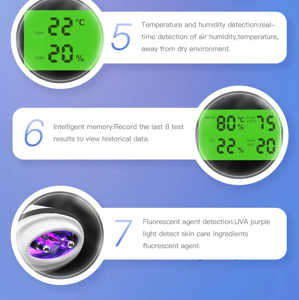 Portable Rechargeable Skin Analyzer Detector LCD Digital Water Oil Moisture Tester Fluorescent Agent Detection Face Care Tool