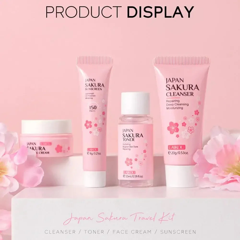 4PCS Sakura Skin Care Set and Kit with Cleanser, Serum, Eye Cream, Gift Set Travel Kit Facial Care Skin Care Products