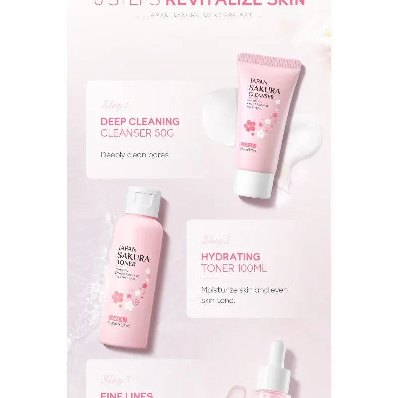 4PCS Sakura Skin Care Set and Kit with Cleanser, Serum, Eye Cream, Gift Set Travel Kit Facial Care Skin Care Products