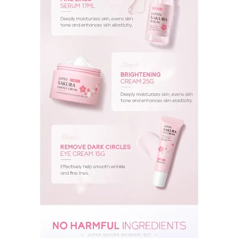 4PCS Sakura Skin Care Set and Kit with Cleanser, Serum, Eye Cream, Gift Set Travel Kit Facial Care Skin Care Products