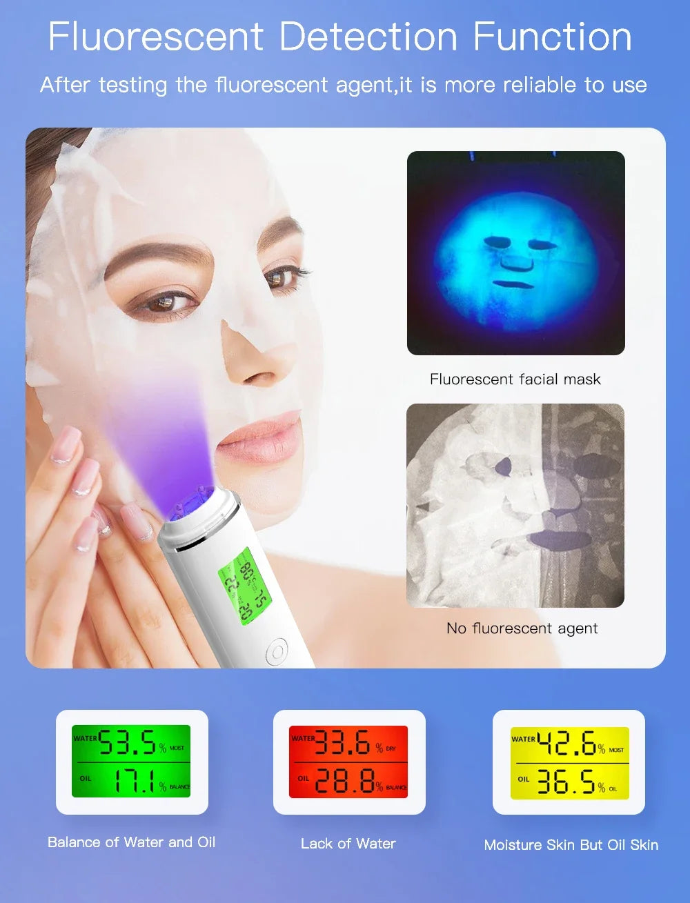 Portable Rechargeable Skin Analyzer Detector LCD Digital Water Oil Moisture Tester Fluorescent Agent Detection Face Care Tool