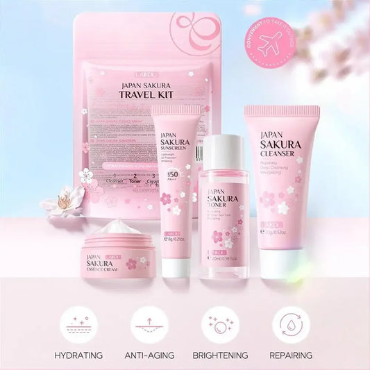 4PCS Sakura Skin Care Set and Kit with Cleanser, Serum, Eye Cream, Gift Set Travel Kit Facial Care Skin Care Products