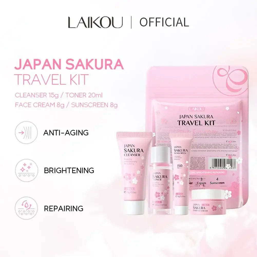 4PCS Sakura Skin Care Set and Kit with Cleanser, Serum, Eye Cream, Gift Set Travel Kit Facial Care Skin Care Products