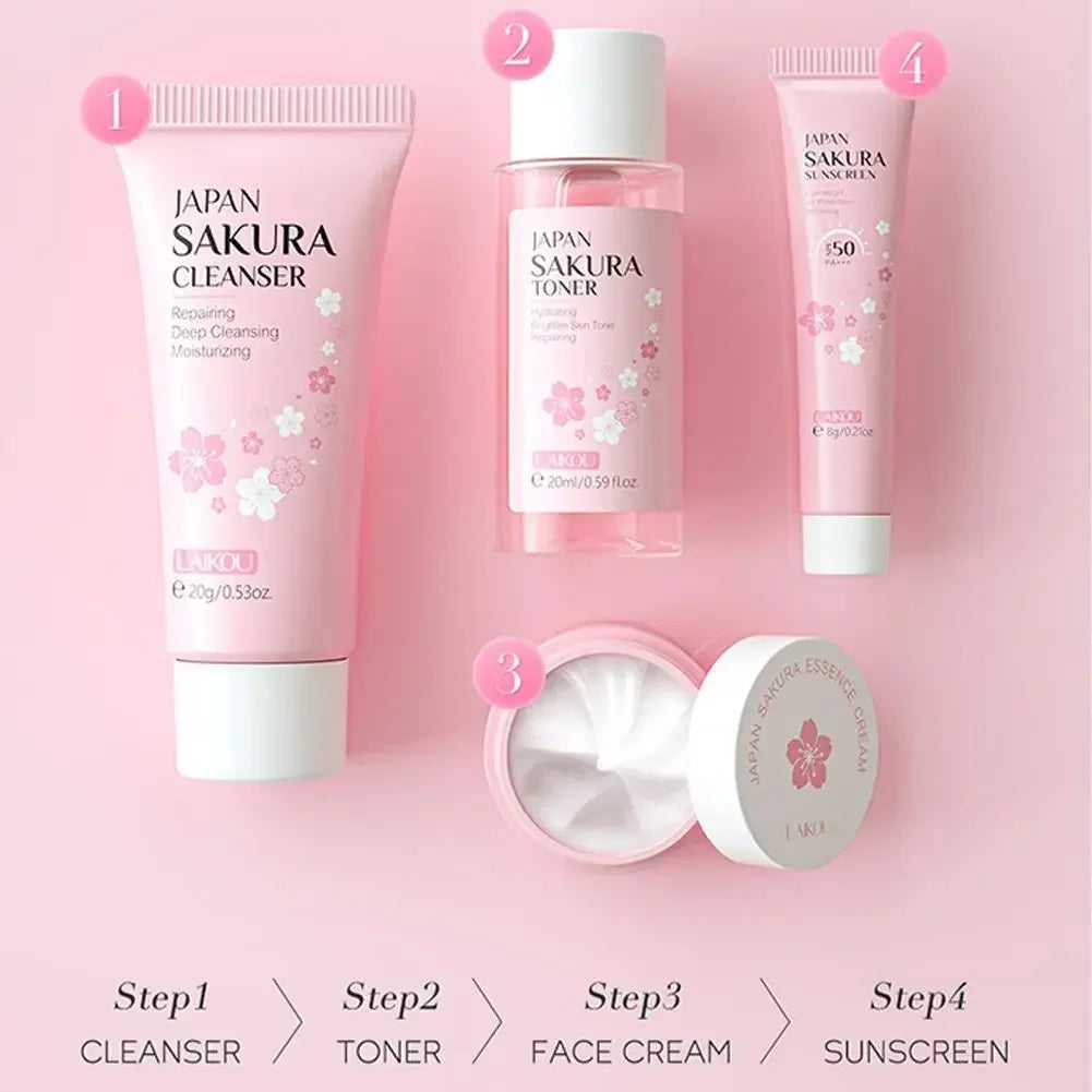 4PCS Sakura Skin Care Set and Kit with Cleanser, Serum, Eye Cream, Gift Set Travel Kit Facial Care Skin Care Products