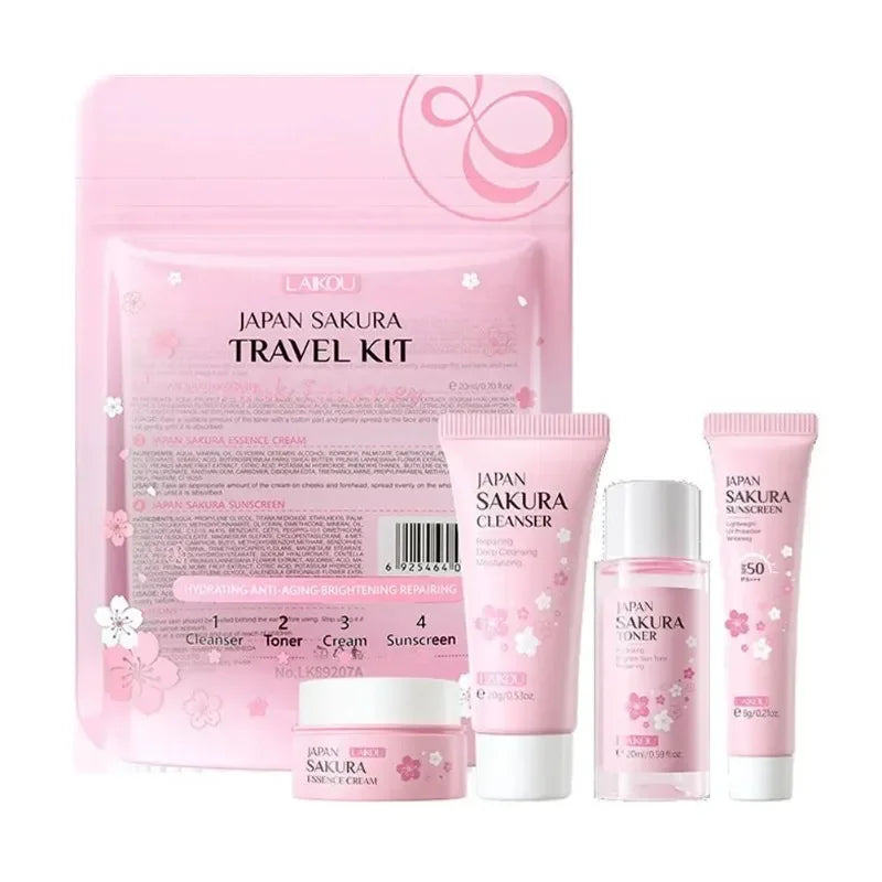 4PCS Sakura Skin Care Set and Kit with Cleanser, Serum, Eye Cream, Gift Set Travel Kit Facial Care Skin Care Products