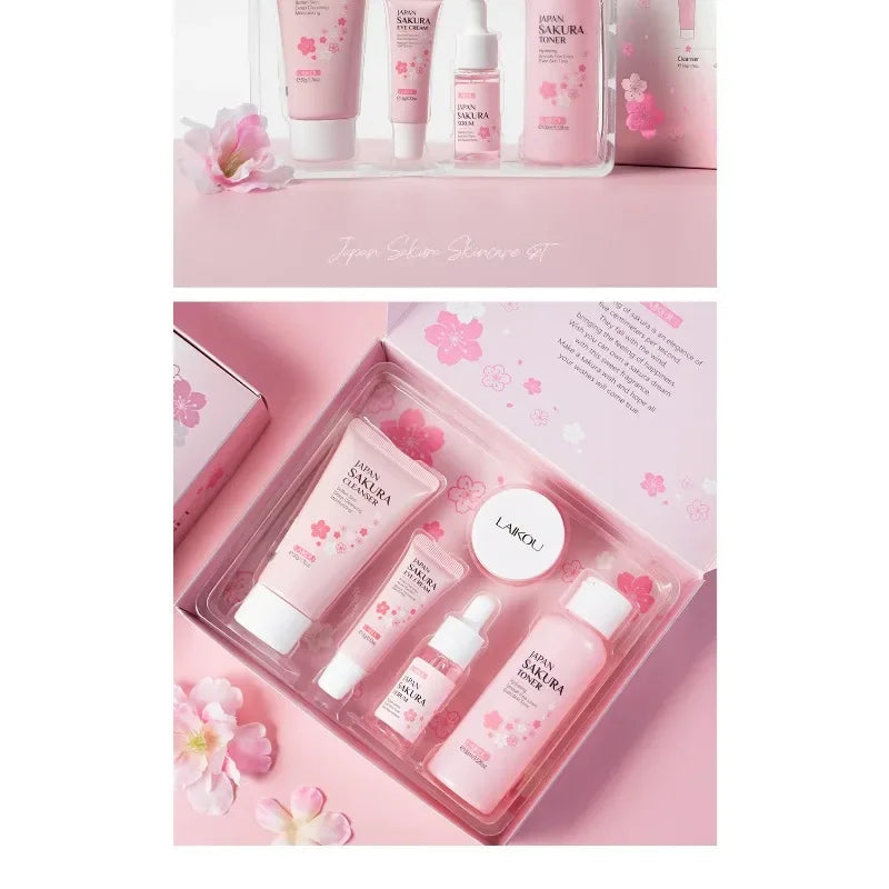 4PCS Sakura Skin Care Set and Kit with Cleanser, Serum, Eye Cream, Gift Set Travel Kit Facial Care Skin Care Products