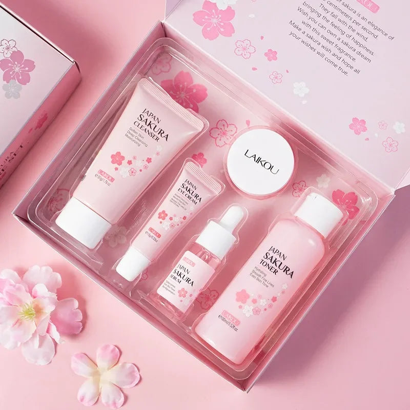 4PCS Sakura Skin Care Set and Kit with Cleanser, Serum, Eye Cream, Gift Set Travel Kit Facial Care Skin Care Products