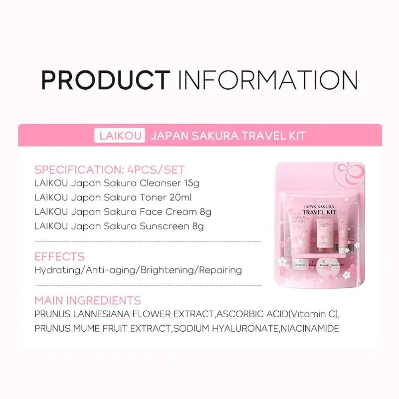 4PCS Sakura Skin Care Set and Kit with Cleanser, Serum, Eye Cream, Gift Set Travel Kit Facial Care Skin Care Products