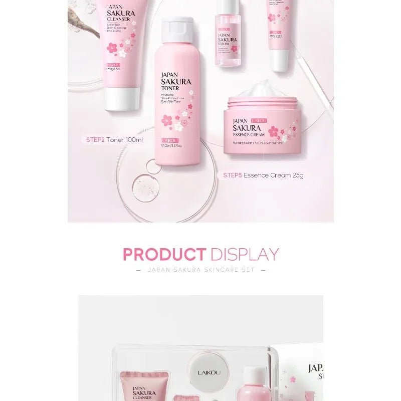 4PCS Sakura Skin Care Set and Kit with Cleanser, Serum, Eye Cream, Gift Set Travel Kit Facial Care Skin Care Products