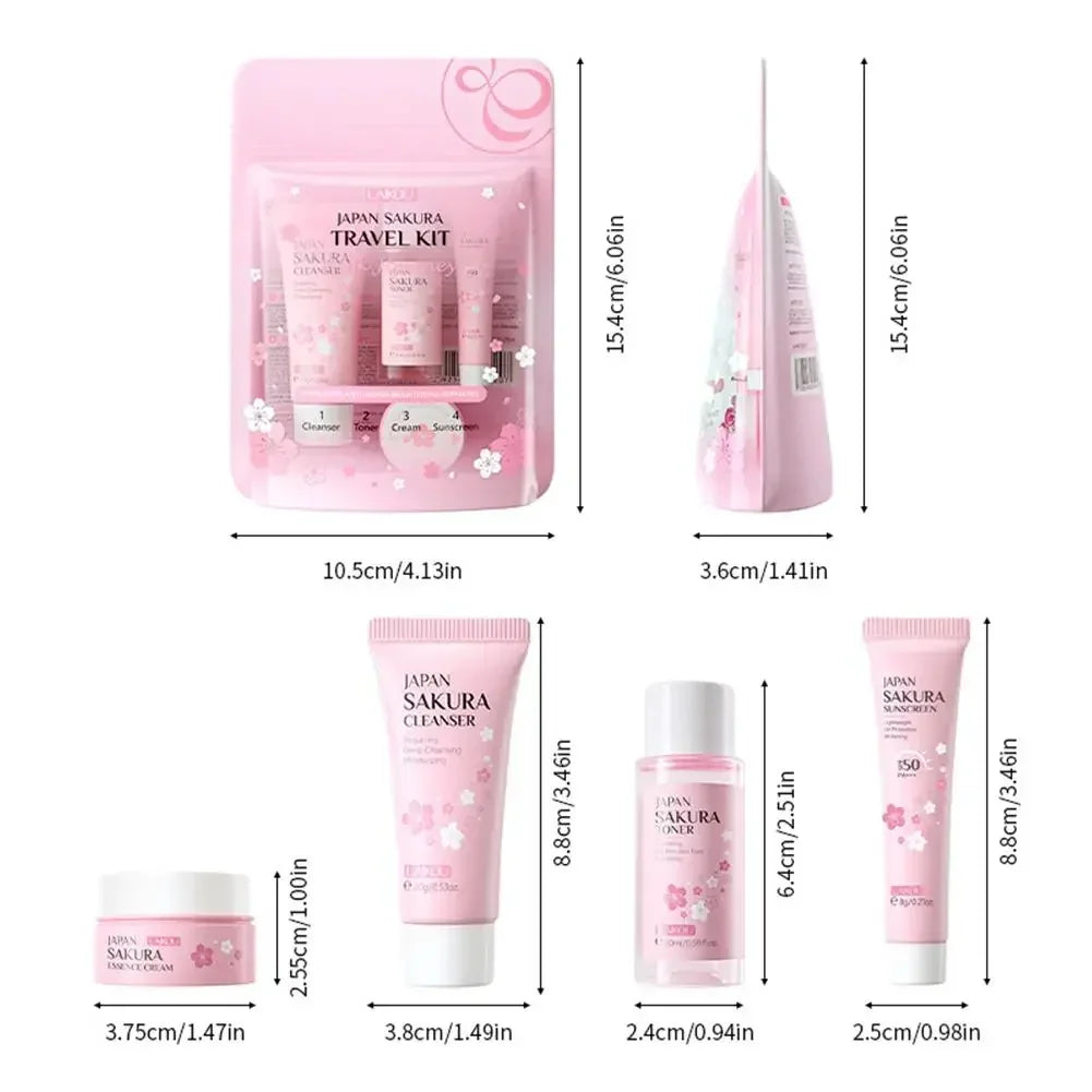 4PCS Sakura Skin Care Set and Kit with Cleanser, Serum, Eye Cream, Gift Set Travel Kit Facial Care Skin Care Products