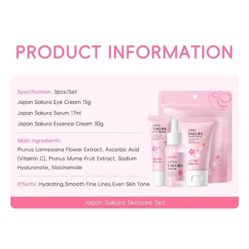 4PCS Sakura Skin Care Set and Kit with Cleanser, Serum, Eye Cream, Gift Set Travel Kit Facial Care Skin Care Products