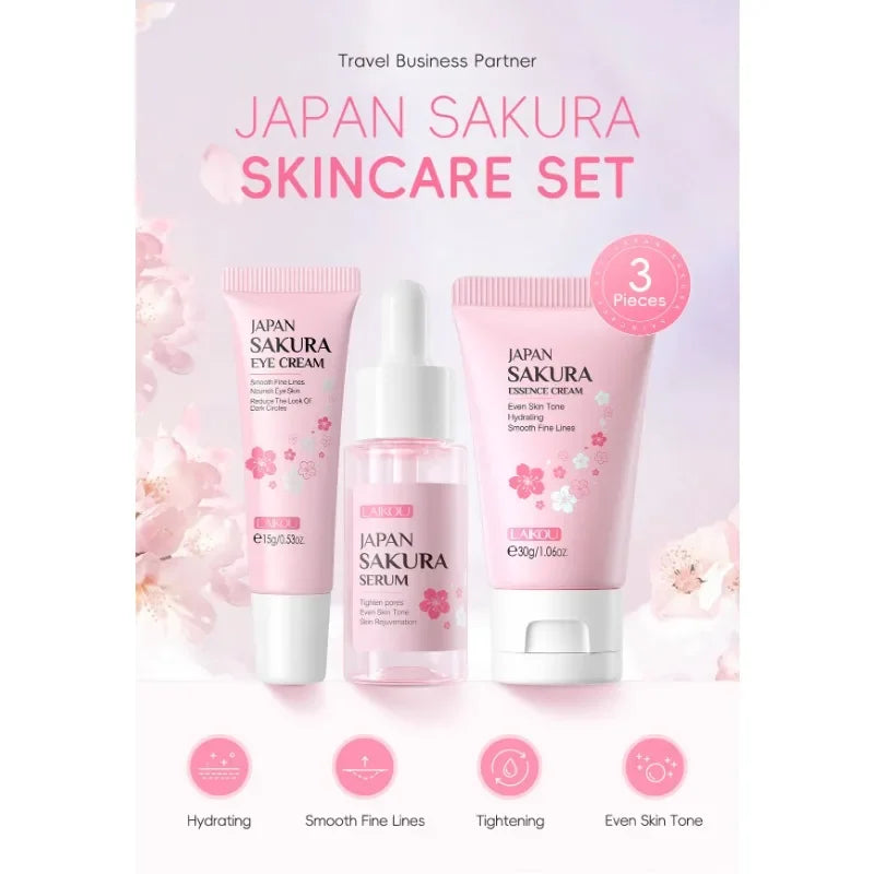 4PCS Sakura Skin Care Set and Kit with Cleanser, Serum, Eye Cream, Gift Set Travel Kit Facial Care Skin Care Products
