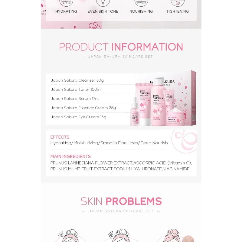 4PCS Sakura Skin Care Set and Kit with Cleanser, Serum, Eye Cream, Gift Set Travel Kit Facial Care Skin Care Products