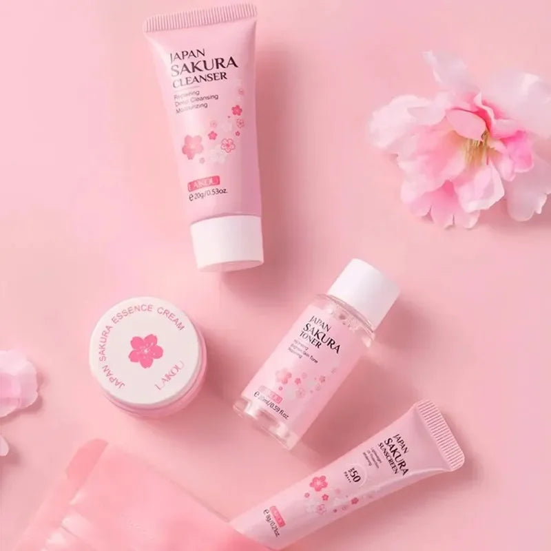 4PCS Sakura Skin Care Set and Kit with Cleanser, Serum, Eye Cream, Gift Set Travel Kit Facial Care Skin Care Products