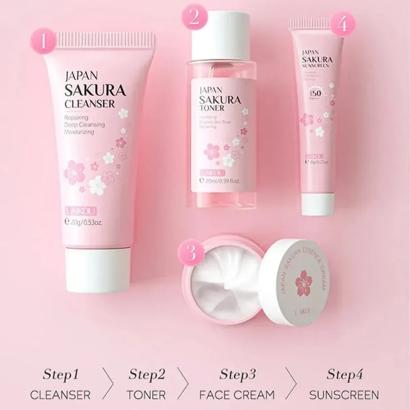 4PCS Sakura Skin Care Set and Kit with Cleanser, Serum, Eye Cream, Gift Set Travel Kit Facial Care Skin Care Products