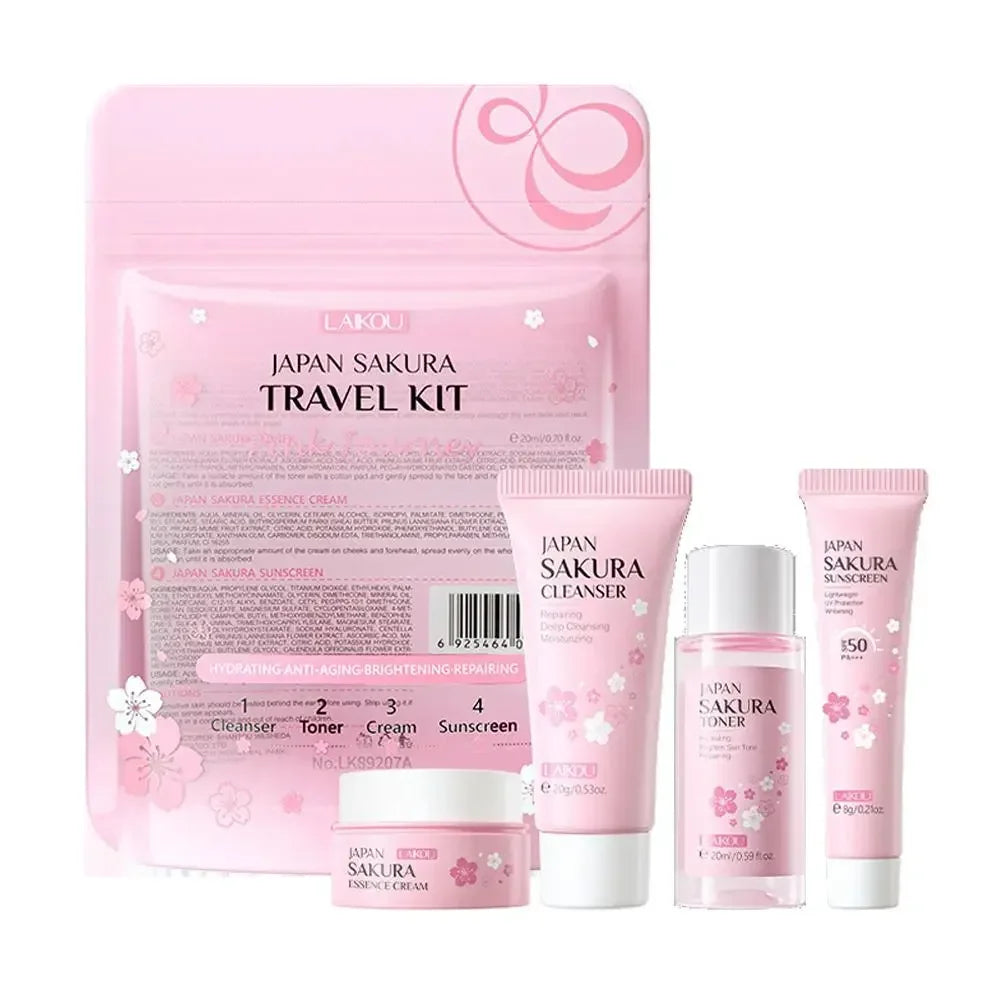 4PCS Sakura Skin Care Set and Kit with Cleanser, Serum, Eye Cream, Gift Set Travel Kit Facial Care Skin Care Products