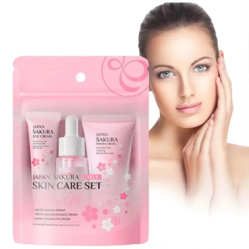 4PCS Sakura Skin Care Set and Kit with Cleanser, Serum, Eye Cream, Gift Set Travel Kit Facial Care Skin Care Products