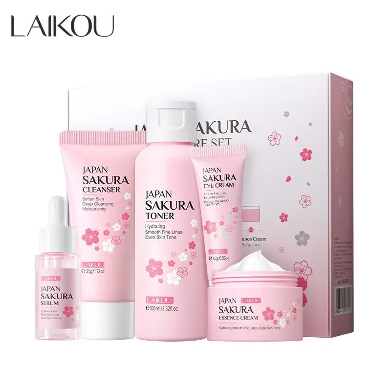 4PCS Sakura Skin Care Set and Kit with Cleanser, Serum, Eye Cream, Gift Set Travel Kit Facial Care Skin Care Products