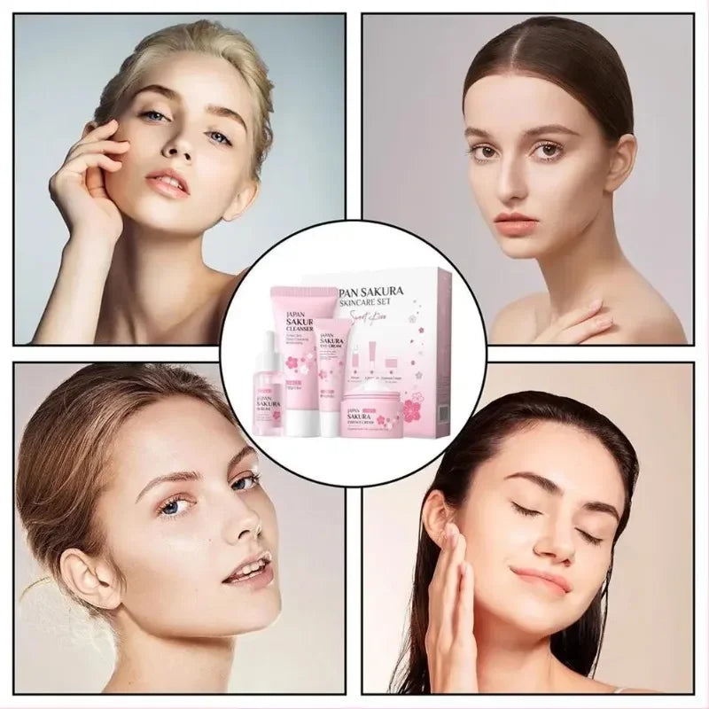 4PCS Sakura Skin Care Set and Kit with Cleanser, Serum, Eye Cream, Gift Set Travel Kit Facial Care Skin Care Products