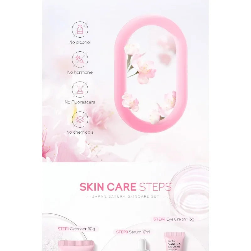 4PCS Sakura Skin Care Set and Kit with Cleanser, Serum, Eye Cream, Gift Set Travel Kit Facial Care Skin Care Products