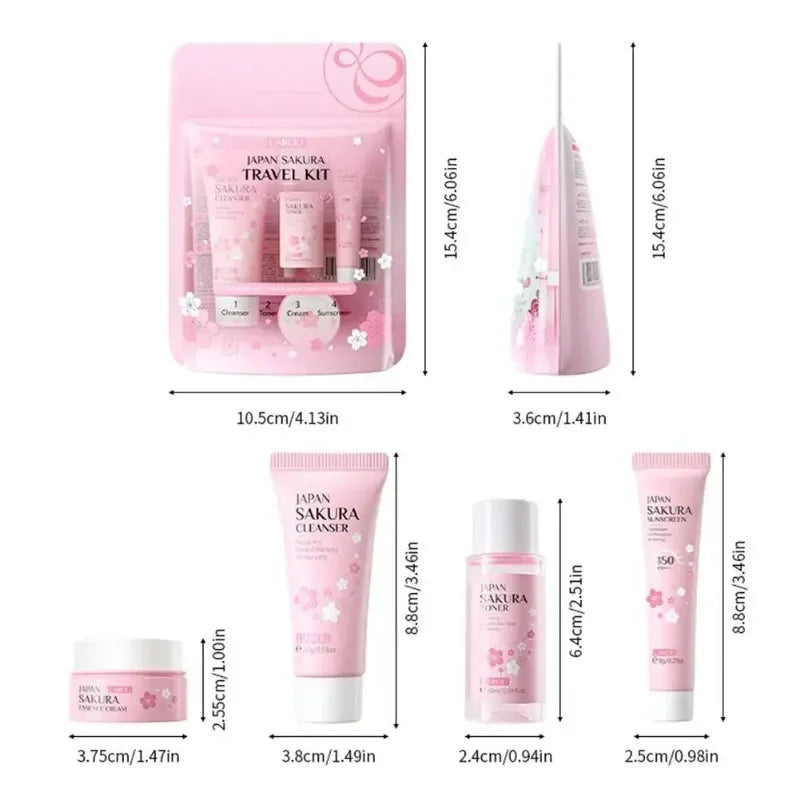 4PCS Sakura Skin Care Set and Kit with Cleanser, Serum, Eye Cream, Gift Set Travel Kit Facial Care Skin Care Products